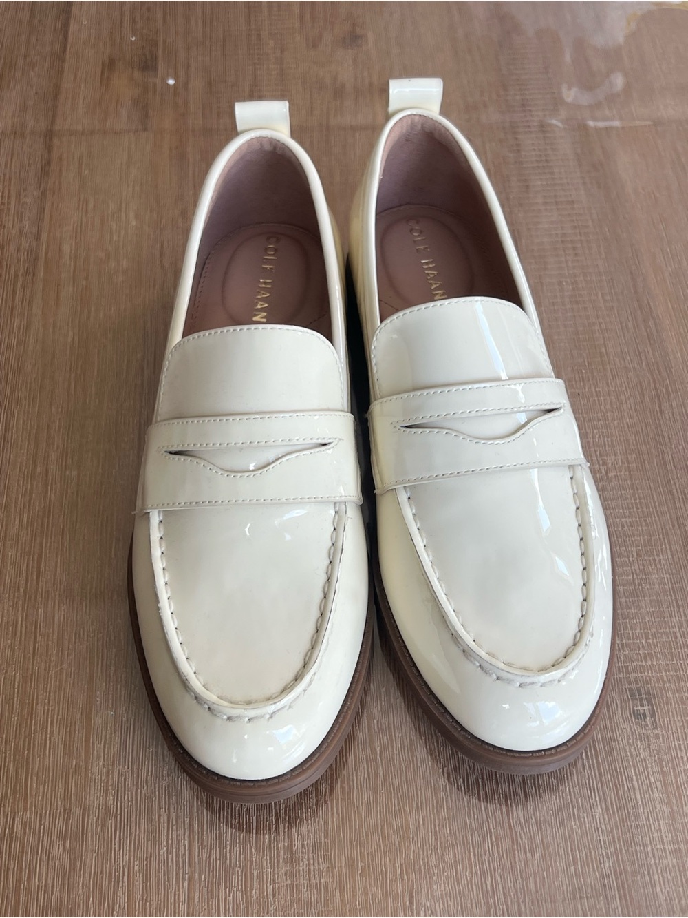 Cole Haan Cream Patent Penny Loafers with Brown Sole
